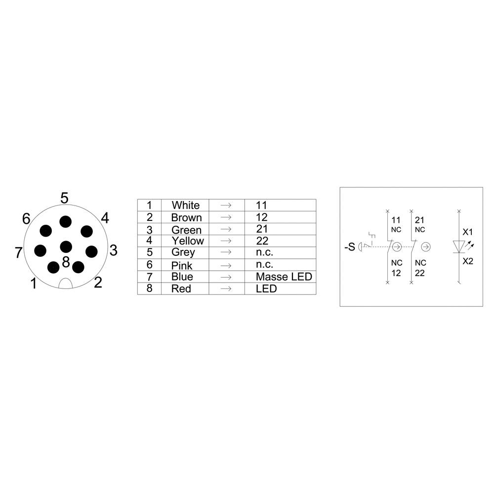 Diagramm eines 8-poligen Steckers mit Farbcodes und Belegungen: 1 White, 2 Brown, 3 Green, 4 Yellow, 5 Grey, 6 Pink, 7 Blue, 8 Red.