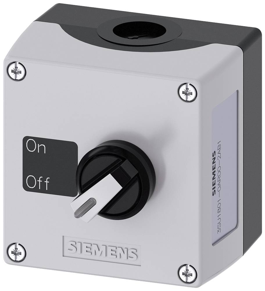 Graues Siemens-Schaltgerät mit einem schwarzen Drehschalter. Beschriftet mit 'On' und 'Off'. Schaltposition zeigt nach links auf 'On'.