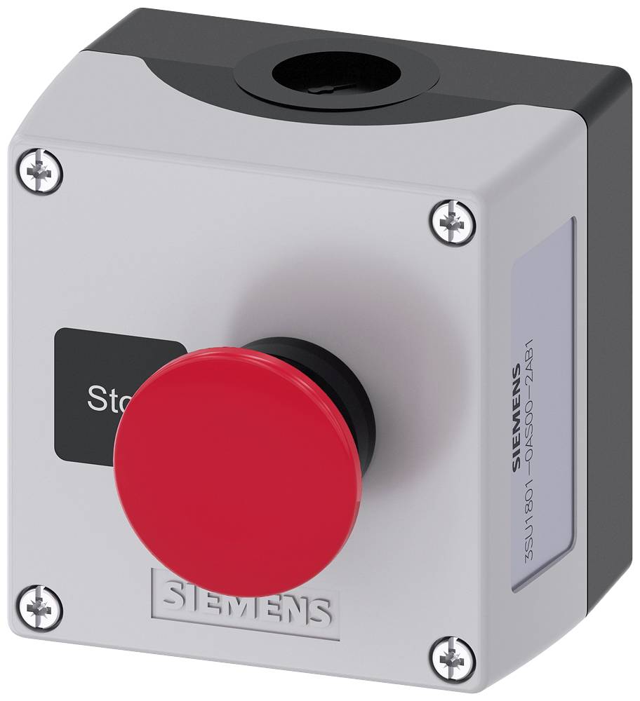 Ein roter Not-Aus-Knopf auf einem grauen Gehäuse von Siemens, verwendet zur sofortigen Abschaltung von Maschinen bei Notfällen.