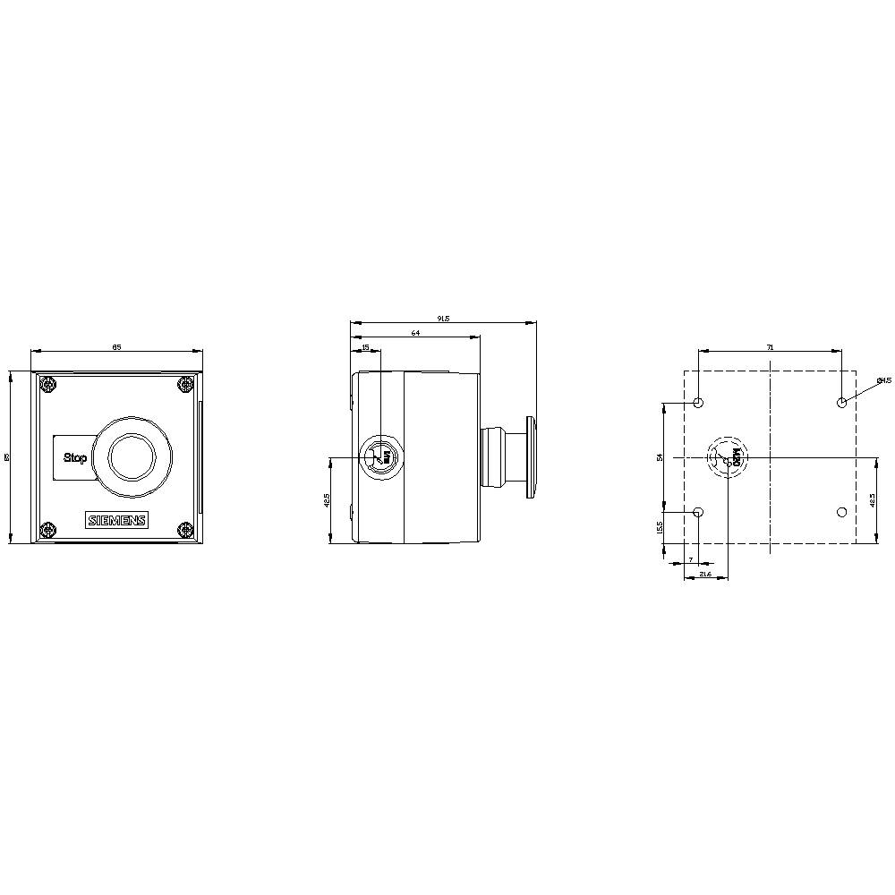 CAD-Zeichnung eines quadratischen Gehäuses mit einem Knopf, Ansicht in drei Projektionen: Vorderansicht, Seitenansicht, Draufsicht, mit Maßen.