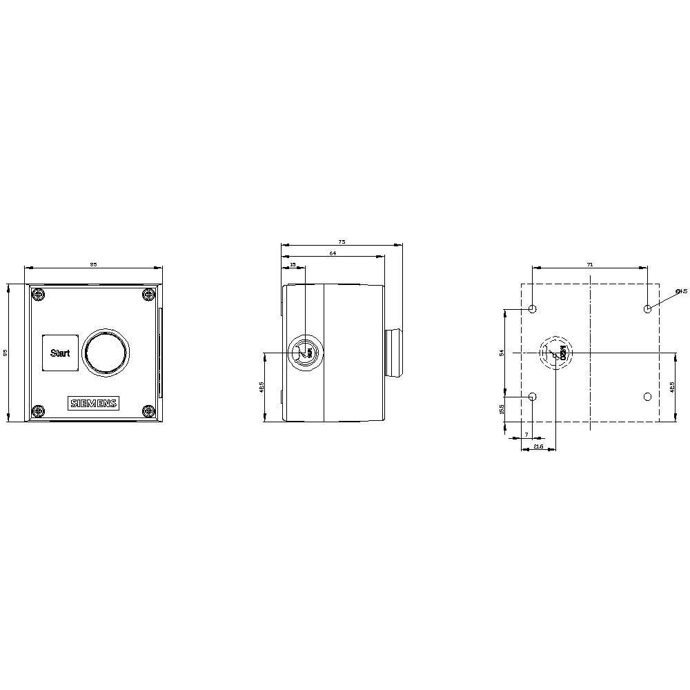 Zeichnung eines quadratischen Gehäuses mit Startknopf, dargestellt aus drei Ansichten: Vorder-, Seiten- und Draufsicht. Maße sind angegeben.