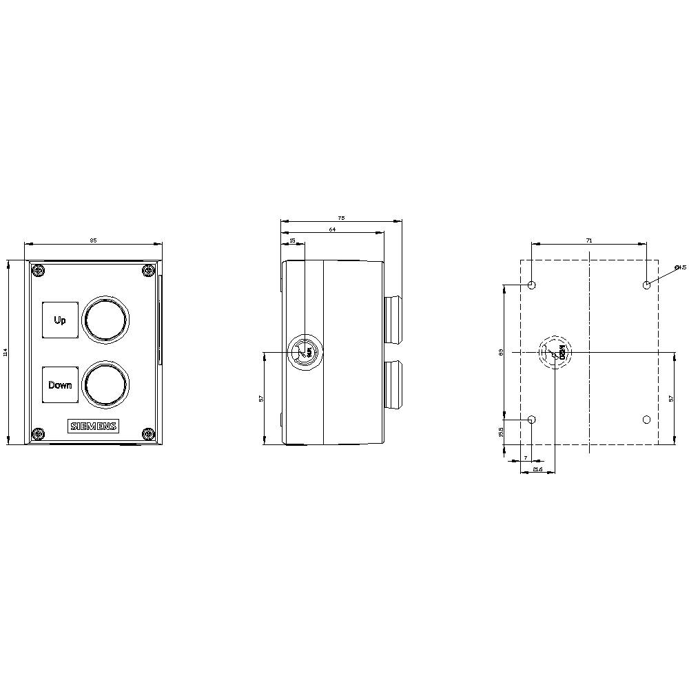 Skizze eines rechteckigen Gehäuses mit zwei Tasten ('Up' und 'Down') und Maßen in Millimetern. Seitenansicht und Draufsicht enthalten.