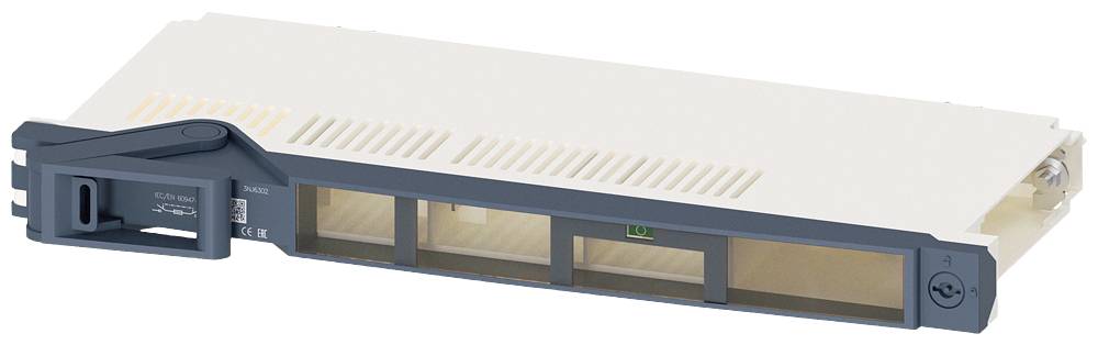 Weiße elektronische Platte mit blauem Griff und ausgeprägten Lüftungsschlitzen, geeignet für Steckplatzmontage in elektronischen Geräten.