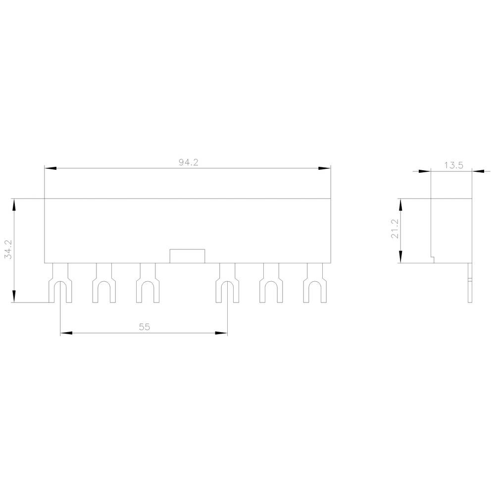 Technische Zeichnung eines elektronischen Bauteils mit Maßangaben: 94,2 x 34,2 mm, Höhe 21,2 mm, Breite von Anschlüssen 55 mm.