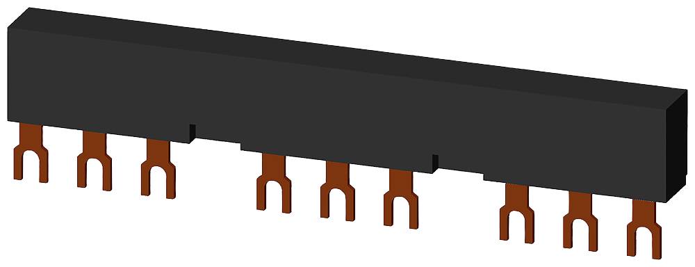 Schwarzer elektronischer Bauteil mit acht Kupferstiften, verwendet für elektrische Verbindungen.