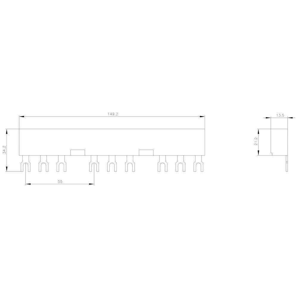 Strichzeichnung eines technischen Bauteils mit Maßen: Länge 149,2 mm, Höhe 34,2 mm, Tiefe 13,5 mm. Vorder- und Seitenansicht.