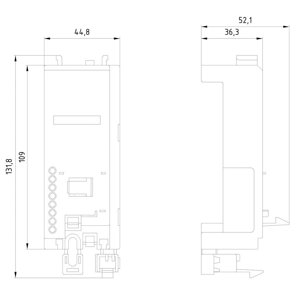 Technische Zeichnung eines rechteckigen Bauteils mit Maßen in Millimetern: 44,8 Breite, 109 Höhe, 131,8 Tiefe. Seitenansicht zeigt 36,3 und 52,1 als Maßangaben.