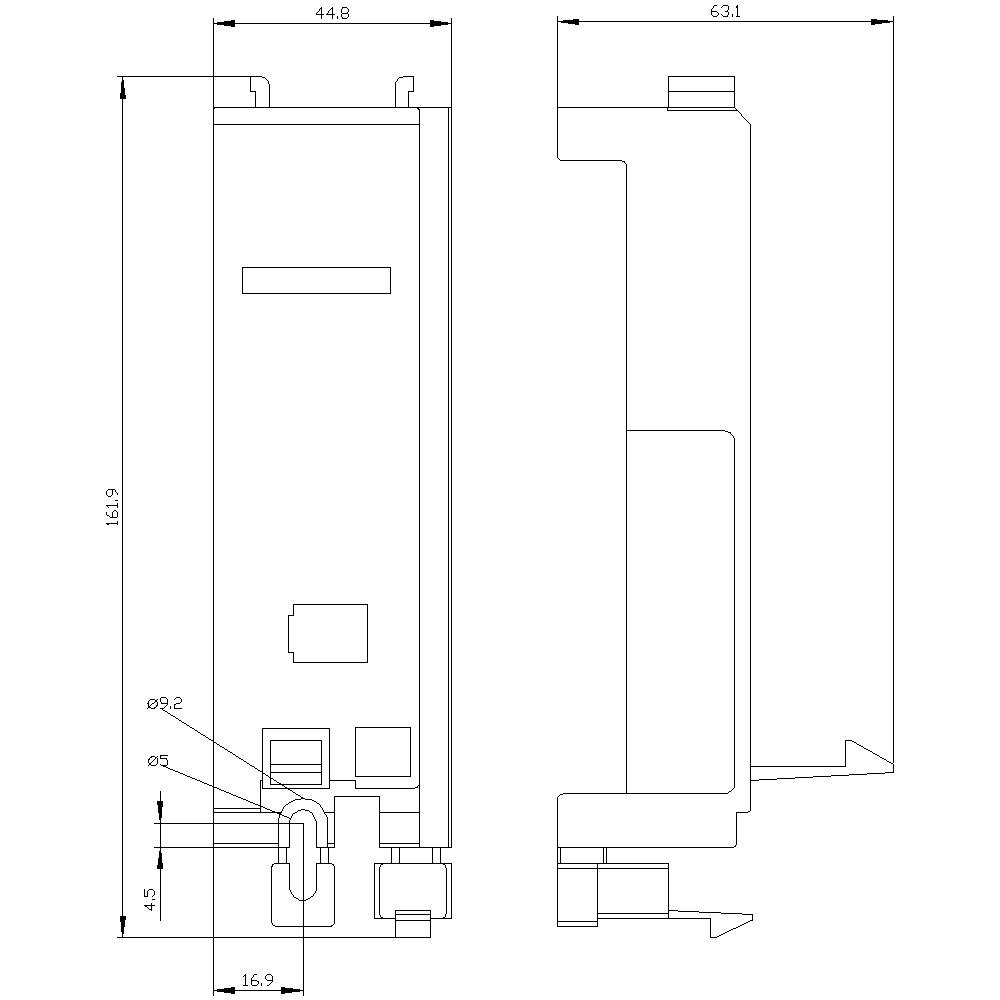 Technische Zeichnung eines rechteckigen Behälters mit Maßen: 63,1x16,9 vorne und 44,8x16,9 seitlich, mit Anschlussdetails unten.
