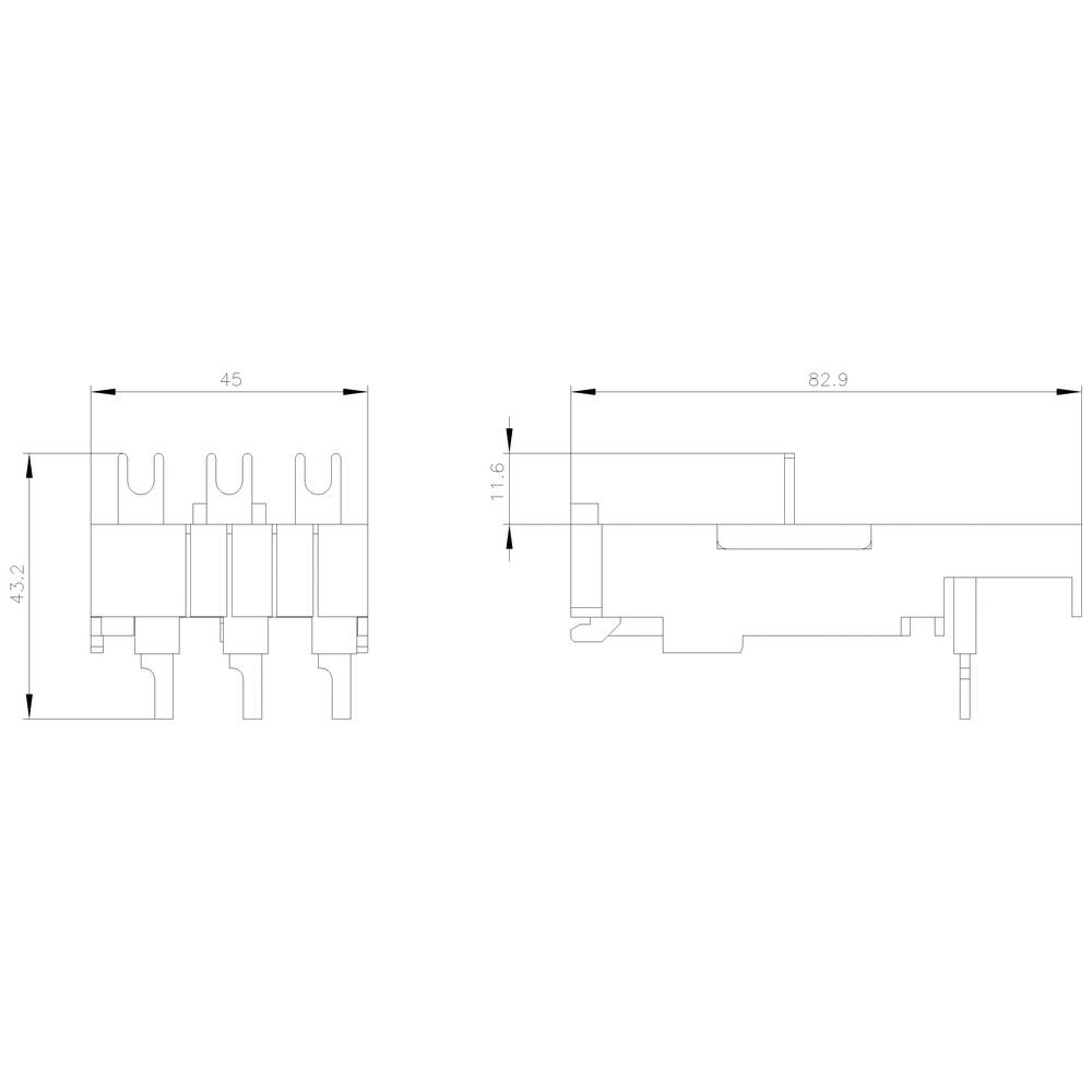 Technische Zeichnung eines elektronischen Bauteils. Linke Ansicht zeigt Pins, rechte Ansicht die Seitenmaße. Maße: 45x82,9x11,6 mm.