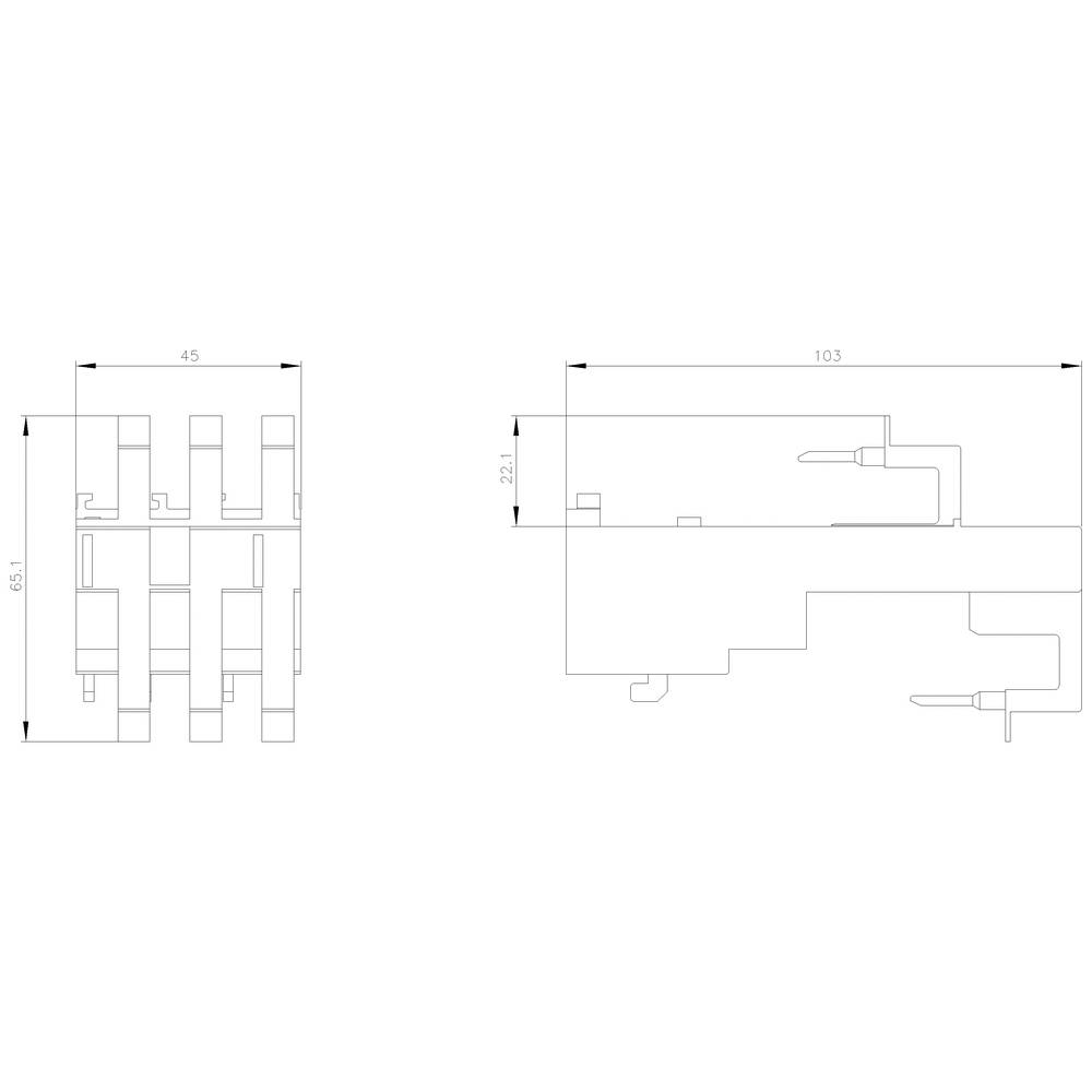 Technische Zeichnung eines Bauteils: zwei Ansichten mit Bemaßungen. Die linke Ansicht zeigt die Front, die rechte eine seitliche Perspektive. Maße 45x22,1 und 103x19,5 mm.