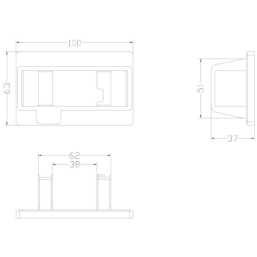 Technische Zeichnung eines rechteckigen Bauteils mit den Maßen 100 x 63 mm. Seitenansicht zeigt Tiefe von 37 mm. Draufsicht mit weiteren Detailmaßen.