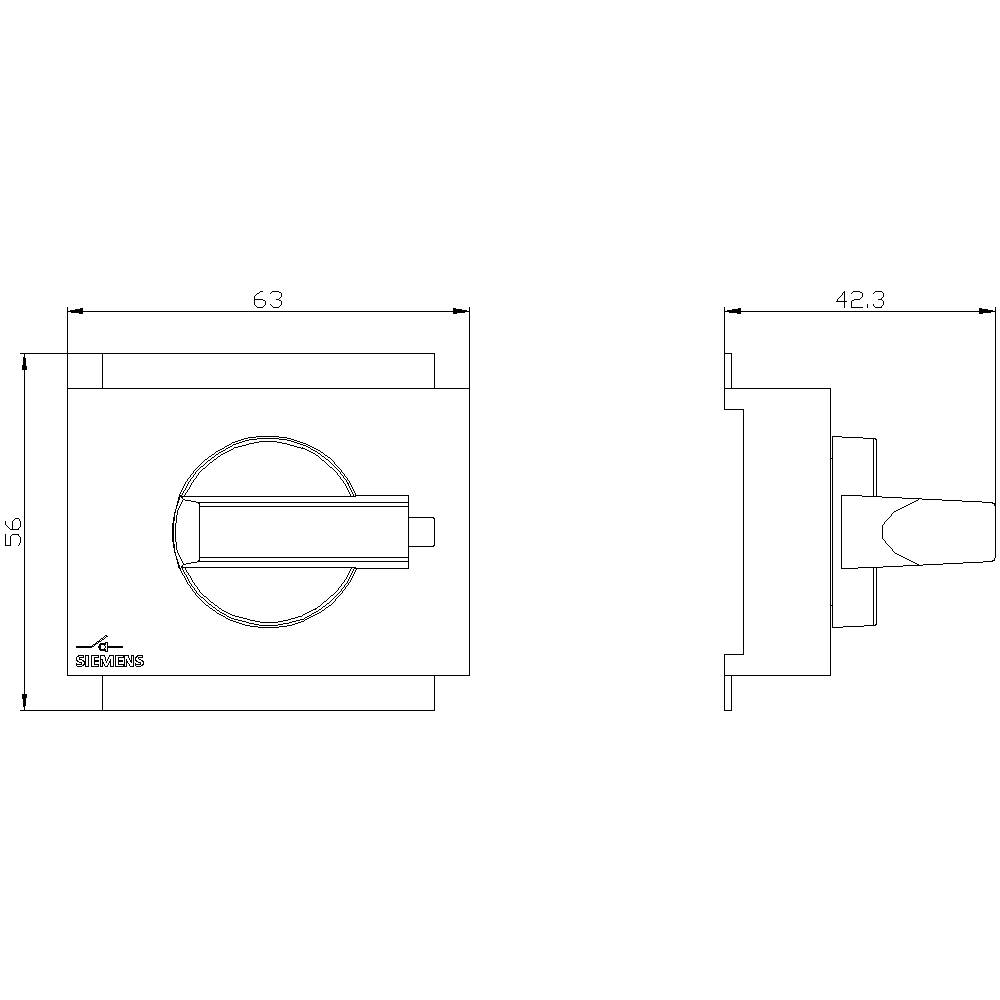 Technische Zeichnung eines Hebels mit zwei Ansichten. Maßangaben: 63 mm Breite, 56 mm Höhe, 42,3 mm Tiefe.
