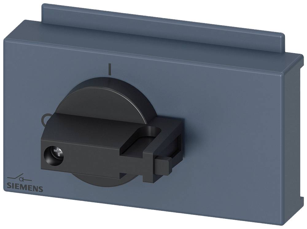 Ein blauer, rechteckiger Schalter mit schwarzem Drehknopf, markiert mit '0' und '1', zur Steuerung von Siemens-Geräten.