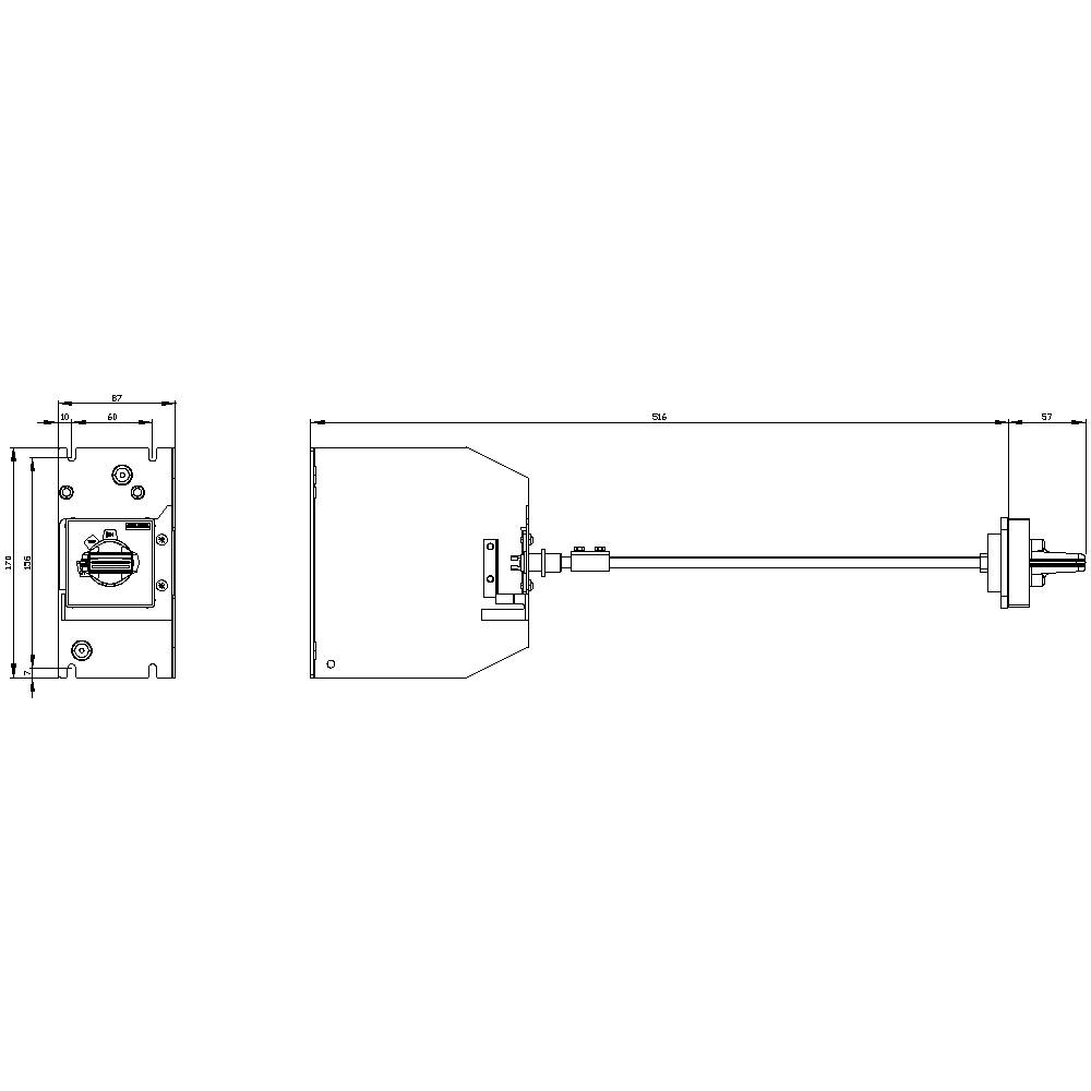 Technische Zeichnung eines mechanischen Teils mit lateralem und frontalen Schnitt. Maßangaben und Details zur Befestigung sind enthalten.