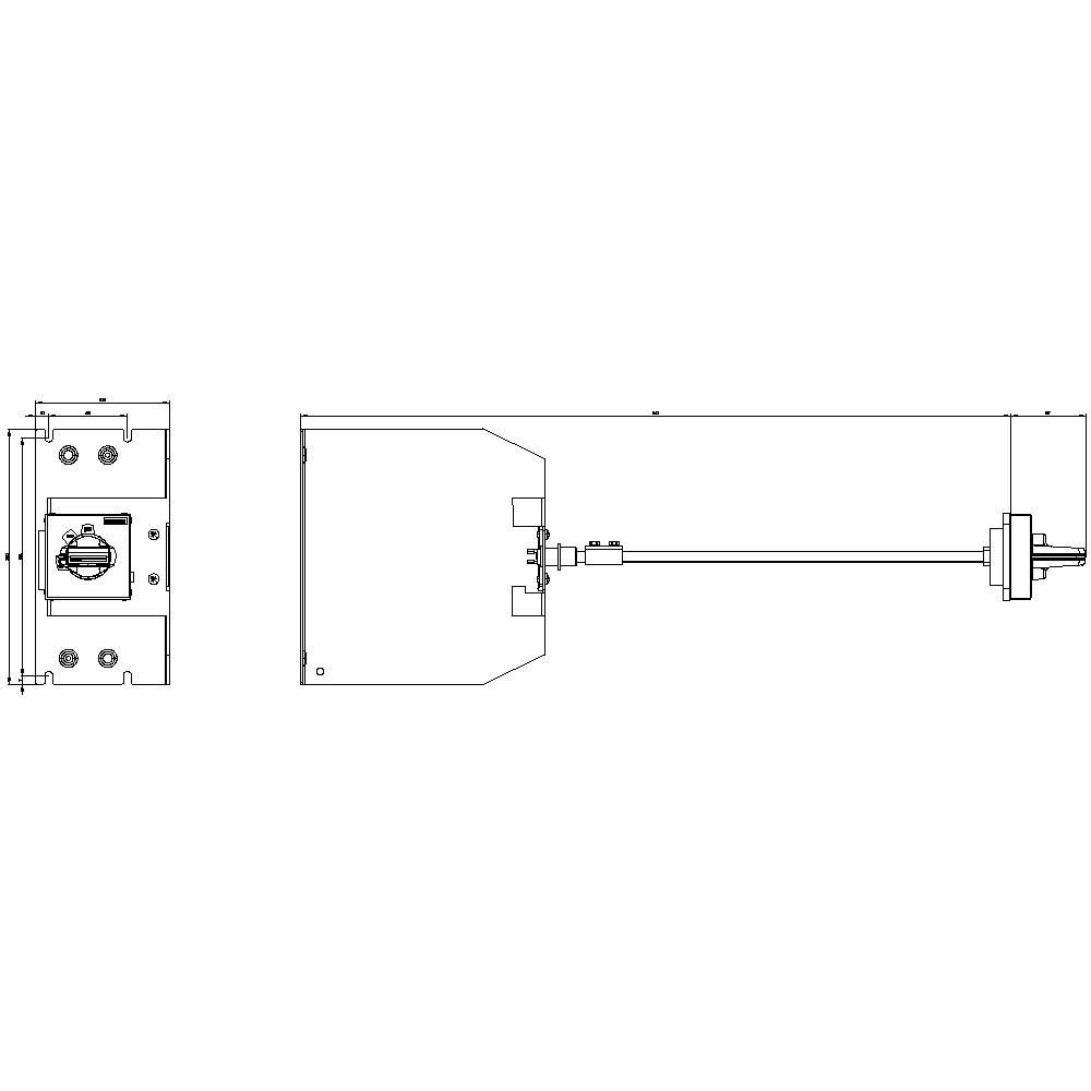 Technische Zeichnung einer Gerätehalterung mit seitlicher und frontaler Ansicht, detaillierte Befestigungselemente und Abmessungen.