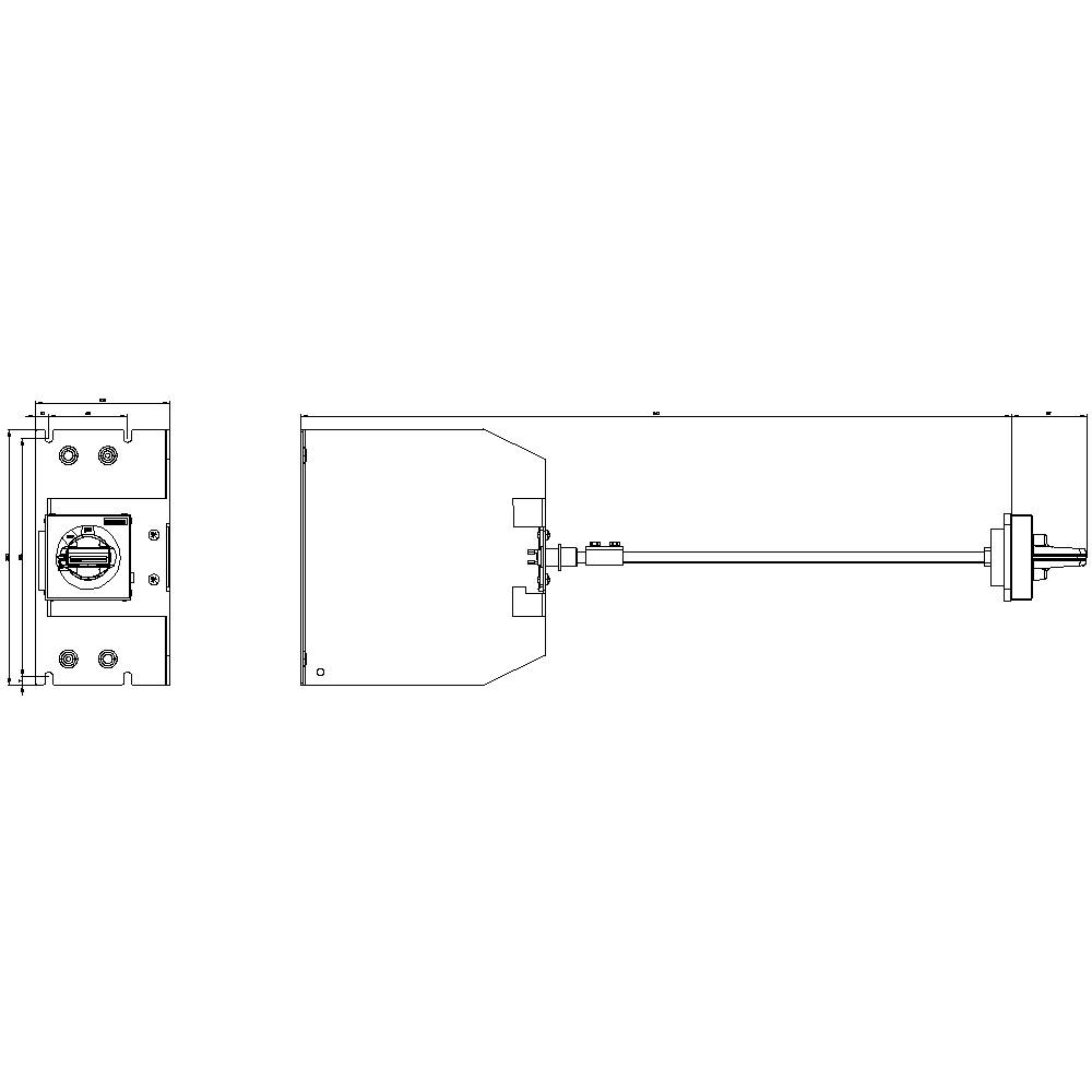 Technische Zeichnung einer mechanischen Baugruppe mit zwei Ansichten: Seitenansicht und Draufsicht. Zeigt Details von Halterung und Achse.