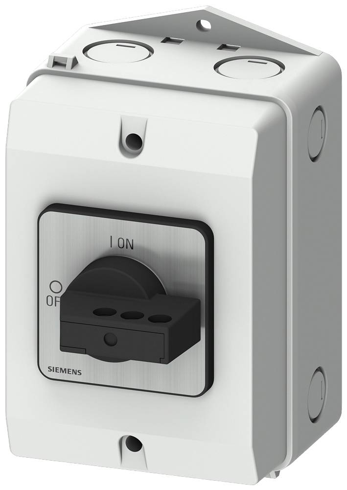 Ein grauer, rechteckiger Siemens-Schalter mit einem Griff, der auf 'ON' zeigt. Geeignet für industrielle Anwendungen.