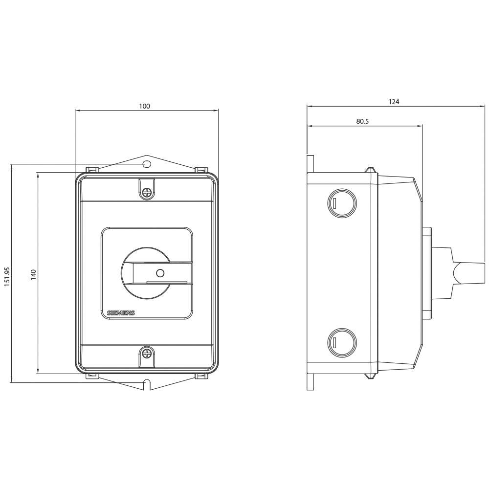 Technische Zeichnung eines rechteckigen Gehäuses mit runden Kanten; Vorder- und Seitenansicht mit Maßangaben.