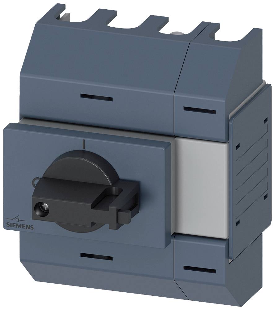 Ein grauer elektrischer Schalter von Siemens mit schwarzem Drehknopf, montiert auf einer blauen Befestigung, vor weißem Hintergrund.