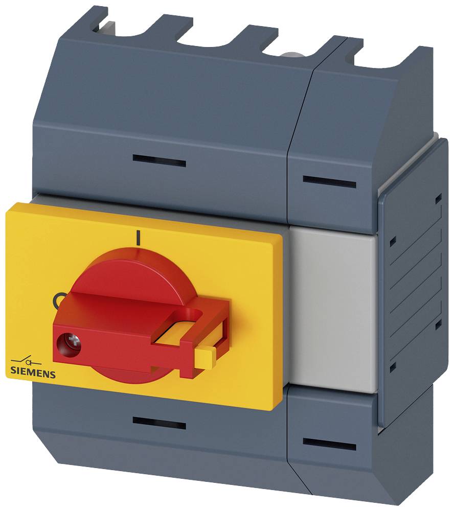 Gray electrical switch with a red rotary handle and yellow base. Siemens logo on the front. Used for circuit control.