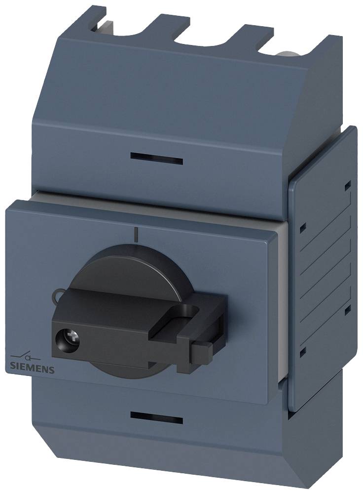 Ein grauer, rechteckiger elektronischer Schalter von Siemens, montiert auf einer DIN-Schiene, mit einem runden, schwarzen Drehknopf.