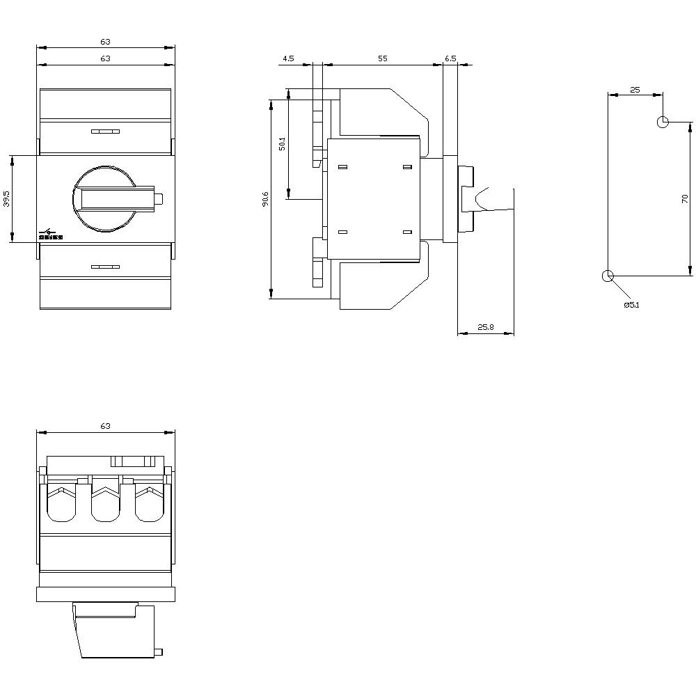 Technische Zeichnung eines elektrischen Schalters mit Abmessungen: 63x70 mm. Verschiedene Ansichten zeigen Details der Gehäuseform.