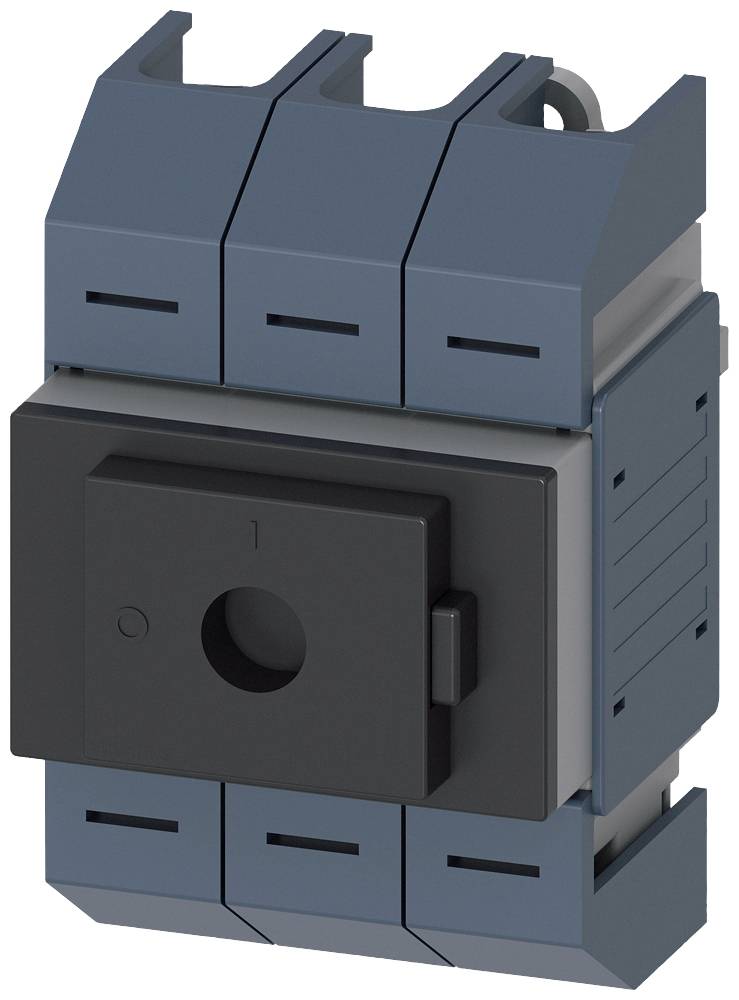 Ein dreipoliger elektrischer Schalter im Gehäuse, grau-blau mit schwarzen Schalterknopf, typisches Industrieteil.
