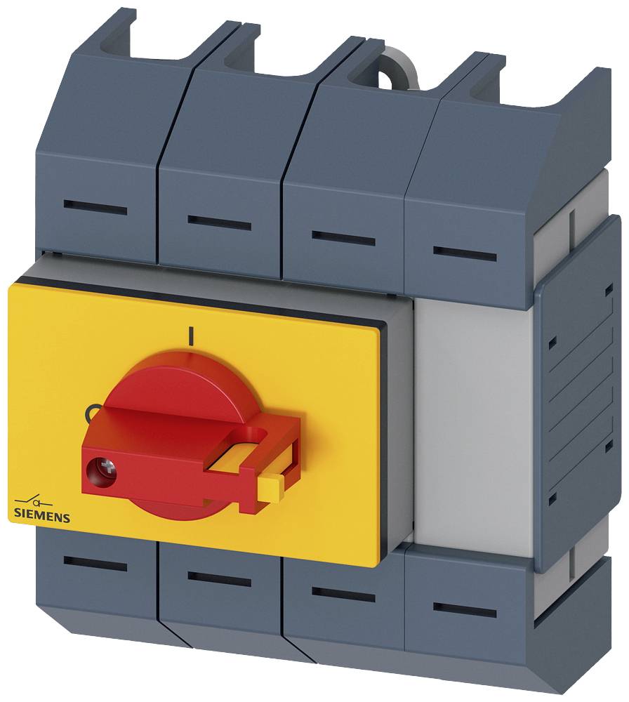 Elektrischer Trennschalter mit rotem Drehgriff und gelber Basis, geeignet für industrielle Steueranwendungen.