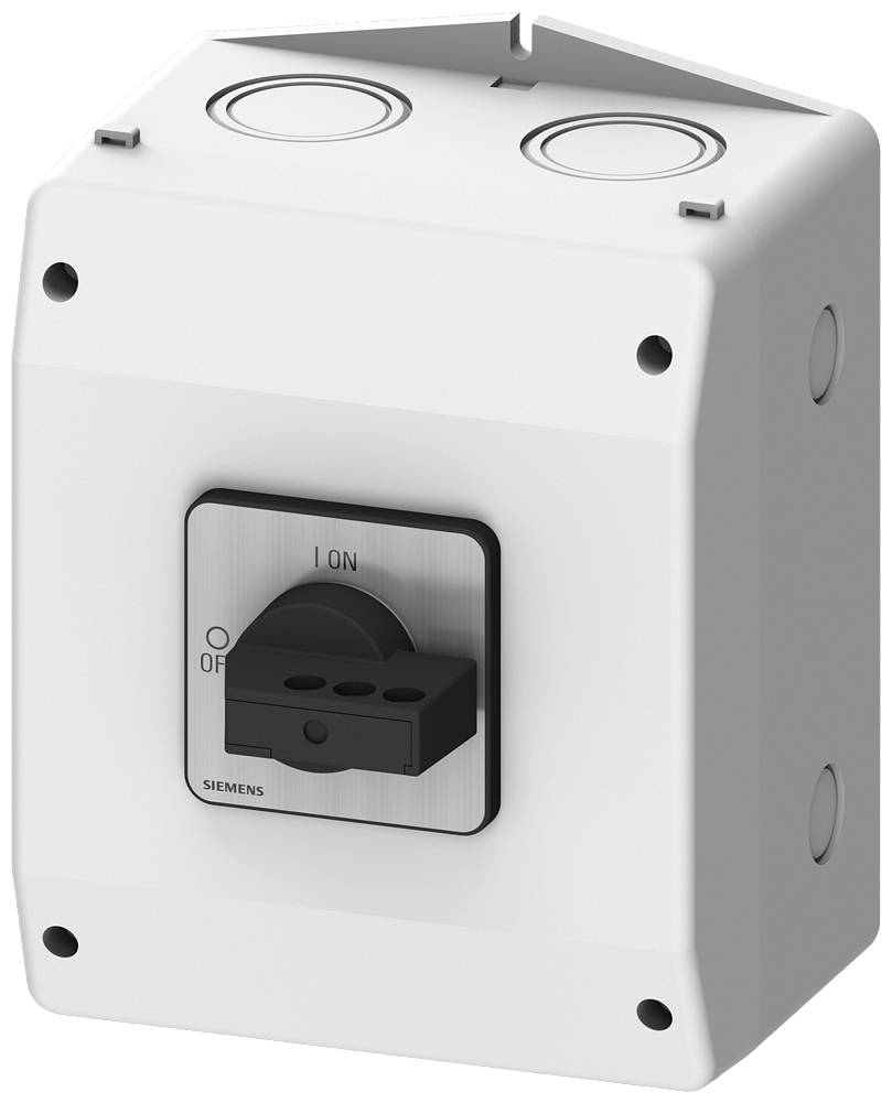 Ein rechteckiger elektrischer Schalter in einem grauen Gehäuse mit einem Kippschalter, der auf 'ON' und 'OFF' eingestellt werden kann.