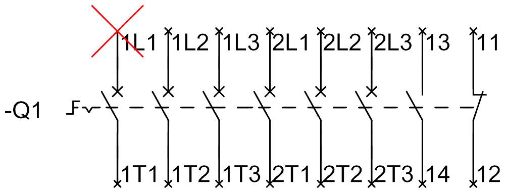 Schaltschema: Leitungen mit Bezeichnungen wie L1, L2, L3 und T1 bis T4. Verbindungslinien mit gestrichelter Leitung.