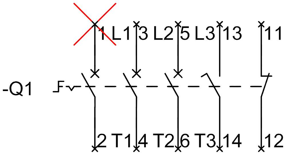 Schaltplan zeigt Kontakte mit Bezeichnungen 'L1', 'L2', 'L3' und 'T1', 'T2', 'T3', durchgestrichenes Symbol bei 'L1'.