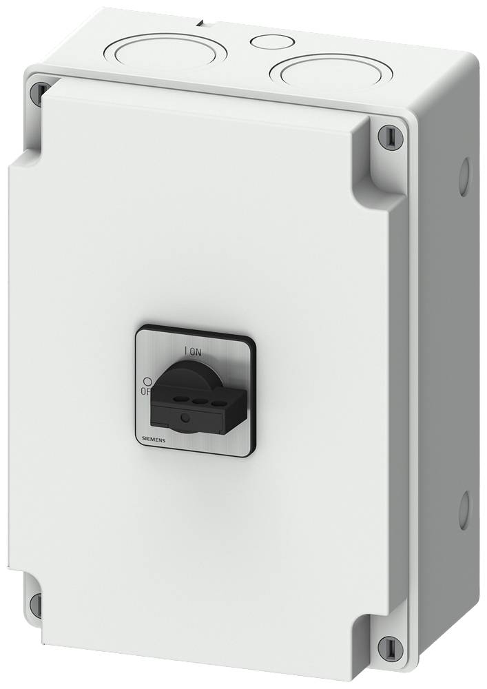 Ein weißes elektrisches Gehäuse mit einem zentralen, quadratischen An/Aus-Schalter. Geeignet für industrielle Schaltungen.