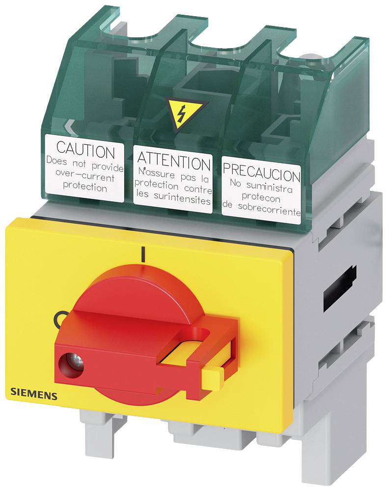 Ein gelber Siemens-Schutzschalter mit rotem Schalterknopf und grüner Schutzabdeckung, Warnhinweise in mehreren Sprachen darauf.