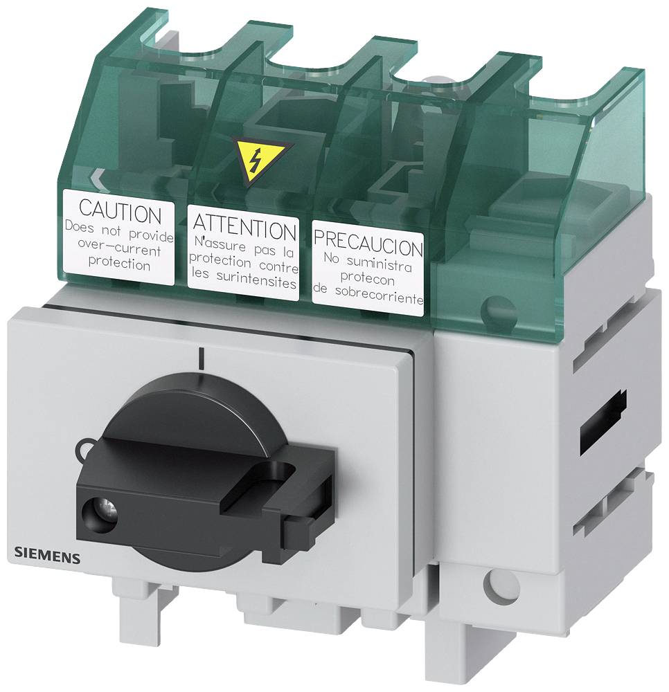 Siemens-Schalter mit Warnhinweisen in drei Sprachen: English, Französisch und Spanisch. Grün-transparentes Gehäuse mit gelbem Blitzsymbol.