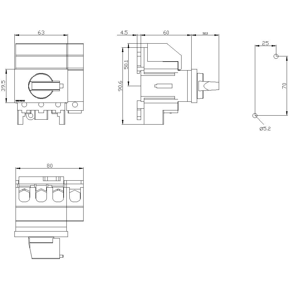 Technische Zeichnung eines Schalters mit Maßangaben: 90,6 mm x 63 mm x 80 mm. Details in Seiten- und Vorderansicht.