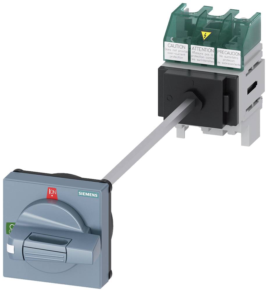 Schalter mit Siemens-Logo, verbunden mit einer Sicherungseinheit. Beschriftungen warnen vor elektrischen Gefahren.