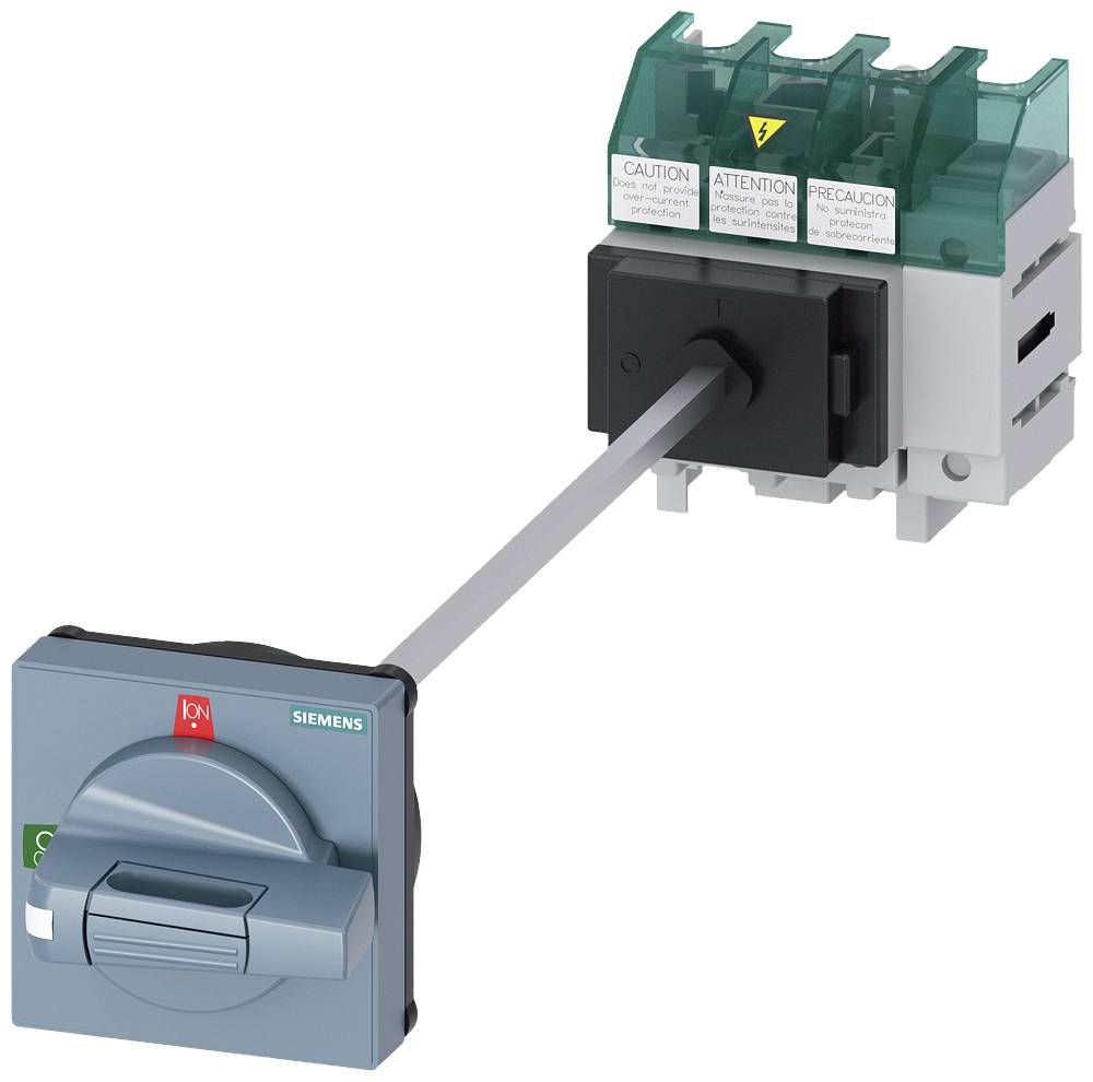 Ein elektrischer Schalter von Siemens mit Warnaufklebern und grün-transparenten Abdeckungen.