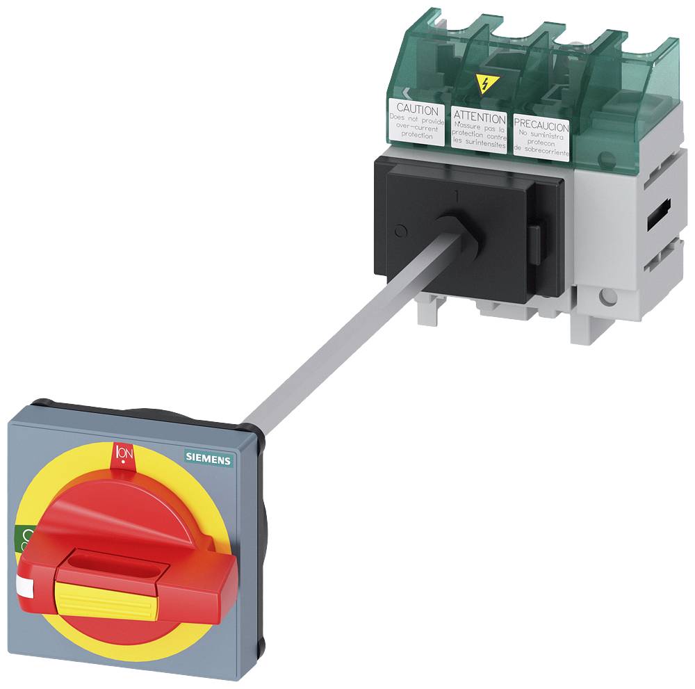 Ein sicherheitsgetrenntes Schaltgerät mit rotem Drehhebel und grün-gelb markierten Warnhinweisen zur Steuerung elektrischer Kreisläufe.
