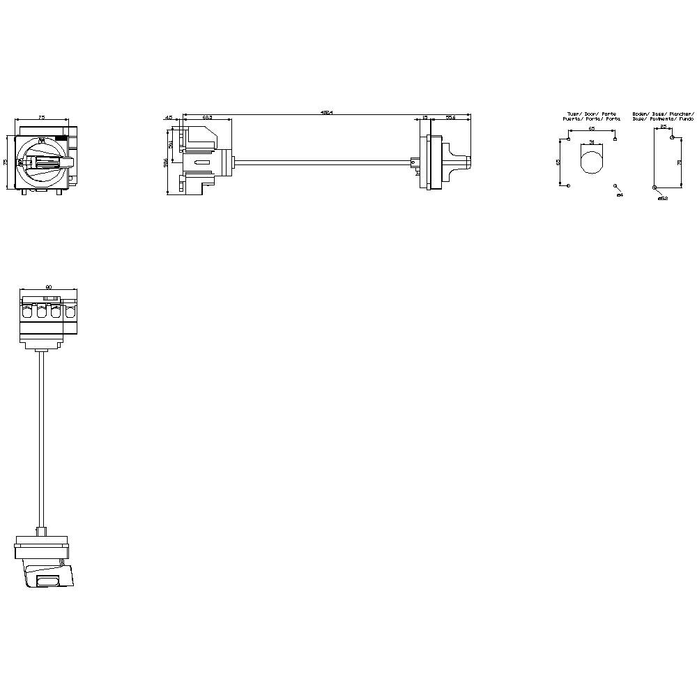 Technische Zeichnung einer mechanischen Komponente mit verschiedenen Ansichten und Maßen. Zeigt Details und Proportionen.