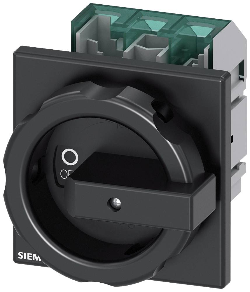 Drehschalter in Schwarz mit zwei Positionen: 'O' für Aus und eine weitere Position; geeignet für industrielle Anwendungen; von Siemens.