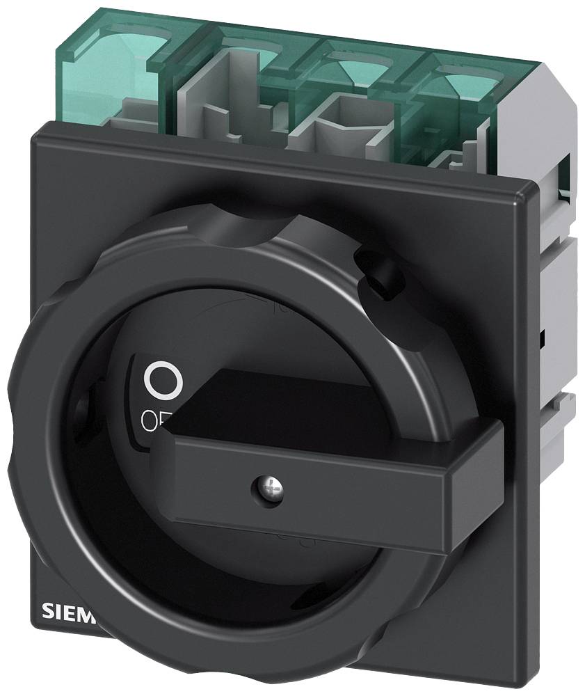 Ein schwarzer Drehschalter mit der Aufschrift 'O' und 'I', hergestellt von Siemens, zur Steuerung von elektrischen Geräten.