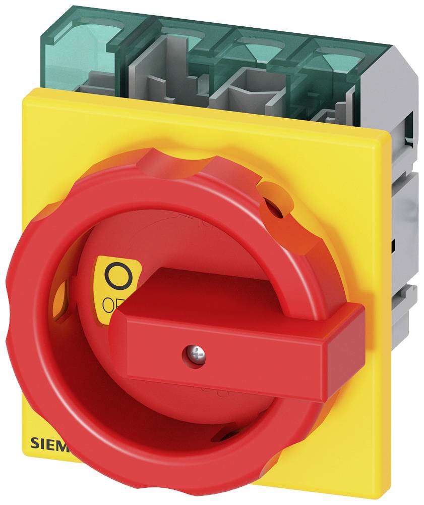 Ein gelber und roter Hauptschalter von Siemens, gezeigt in einer Position zum Ausschalten. Der Schalter hat eine robuste, industrielle Bauweise.