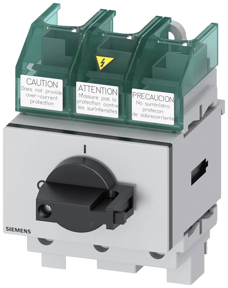 Ein elektrischer Schalter mit Warnhinweisen in Englisch, Französisch und Spanisch, die darauf hinweisen, dass kein Überstromschutz besteht.