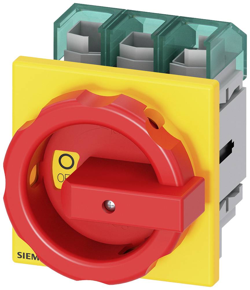 Ein roter Hauptschalter mit gelbem Gehäuse von Siemens. Der Schalter ist auf der 'Aus'-Position und wirkt industriell.