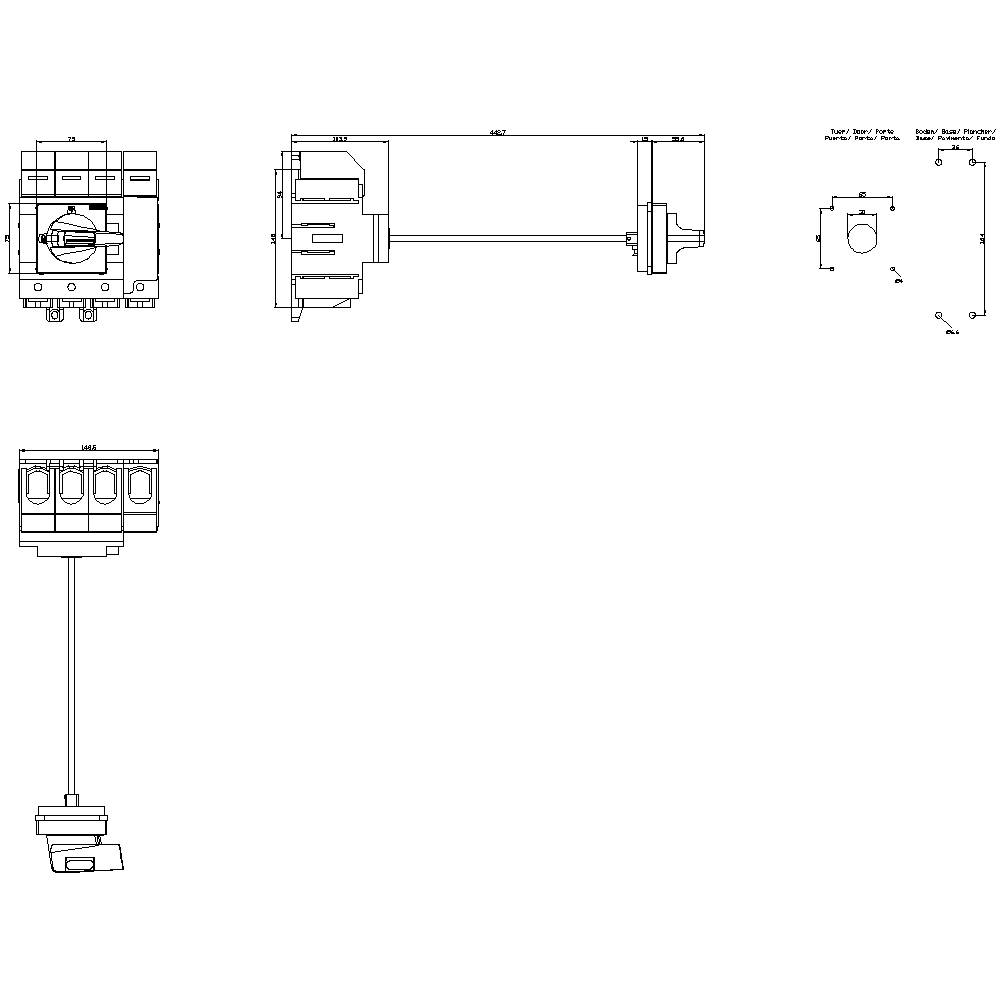 Technische Zeichnung eines Elektronikgeräts mit mehreren Ansichten: Draufsicht, Seitenansicht und Detailansicht von Verbindungen.