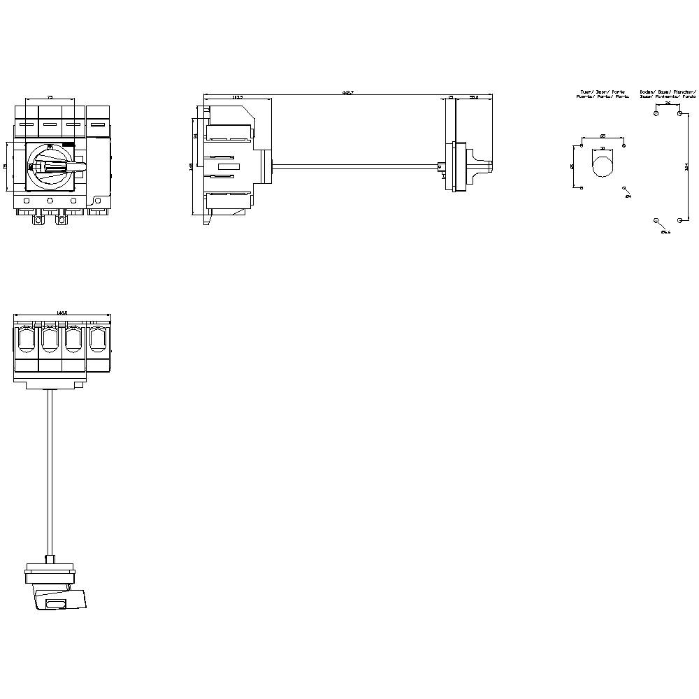 Technische Zeichnung eines mechanischen Bauteils mit mehreren Ansichten und Maßen zur Fertigungsspezifikation.