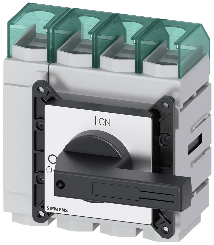 Ein elektrischer Hauptschalter von Siemens mit grünem Griff und Beschriftungen 'ON' und 'OFF' auf der Vorderseite.