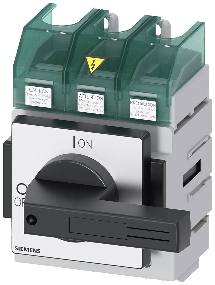 Ein Hauptschalter mit grünem Gehäuse, Position auf 'ON'. Beschriftungen warnen vor unsachgemäßer Bedienung. Hersteller: Siemens.