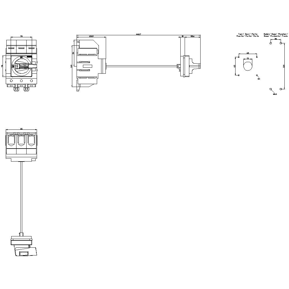 Eine technische Zeichnung zeigt eine mechanische Baugruppe mit verschiedenen Ansichten und Bemaßungen für die Fertigung.