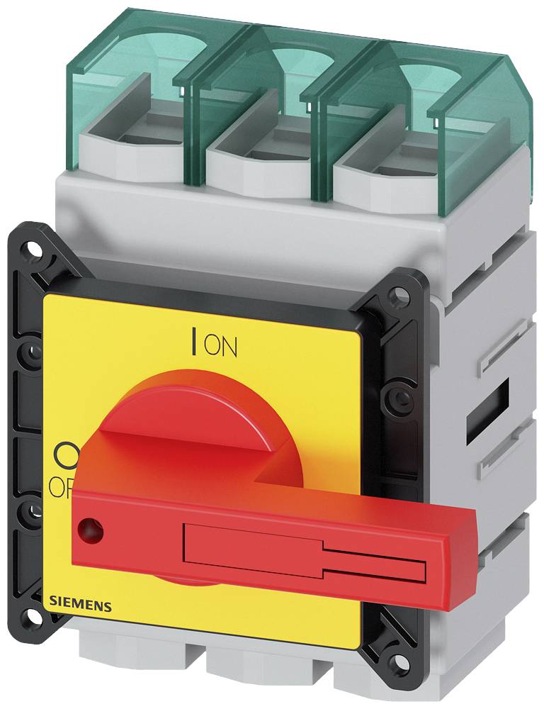 Ein roter Hauptschalter mit gelber Basis von Siemens. Der Schalter steht auf 'ON', um die Stromversorgung zu aktivieren.